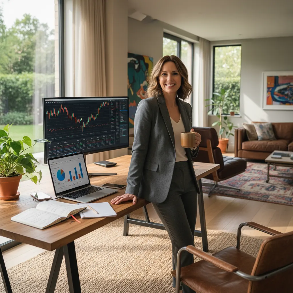 Podnikatelka stojí u pracovního stolu a je spokojená protože získala hypotéku na svůj dům - Hypotéky pro podnikatele a OSVČ