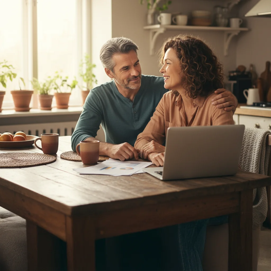Spokojený pár sedí u notebooku a řeší refinancování - Refinancování hypotéky